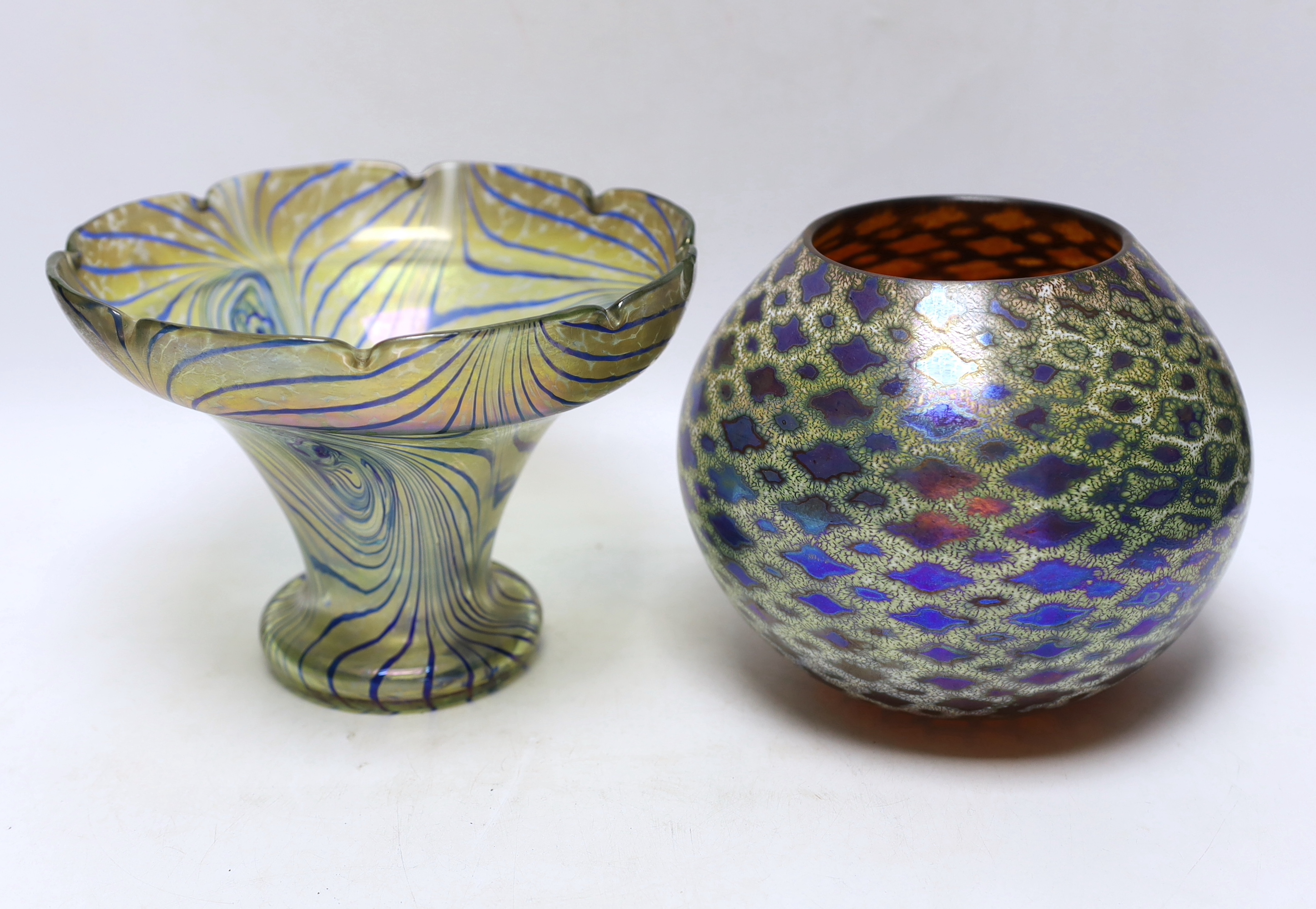 A Kosta Boda iridescent glass vase and a Loetz style trumpet vase, trumpet vase 15cm high